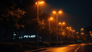 A photograph of a well-lit urban street scene featuring modern led street lamps illuminating the area