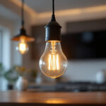 A photograph of a type a light bulb illuminated in a modern setting