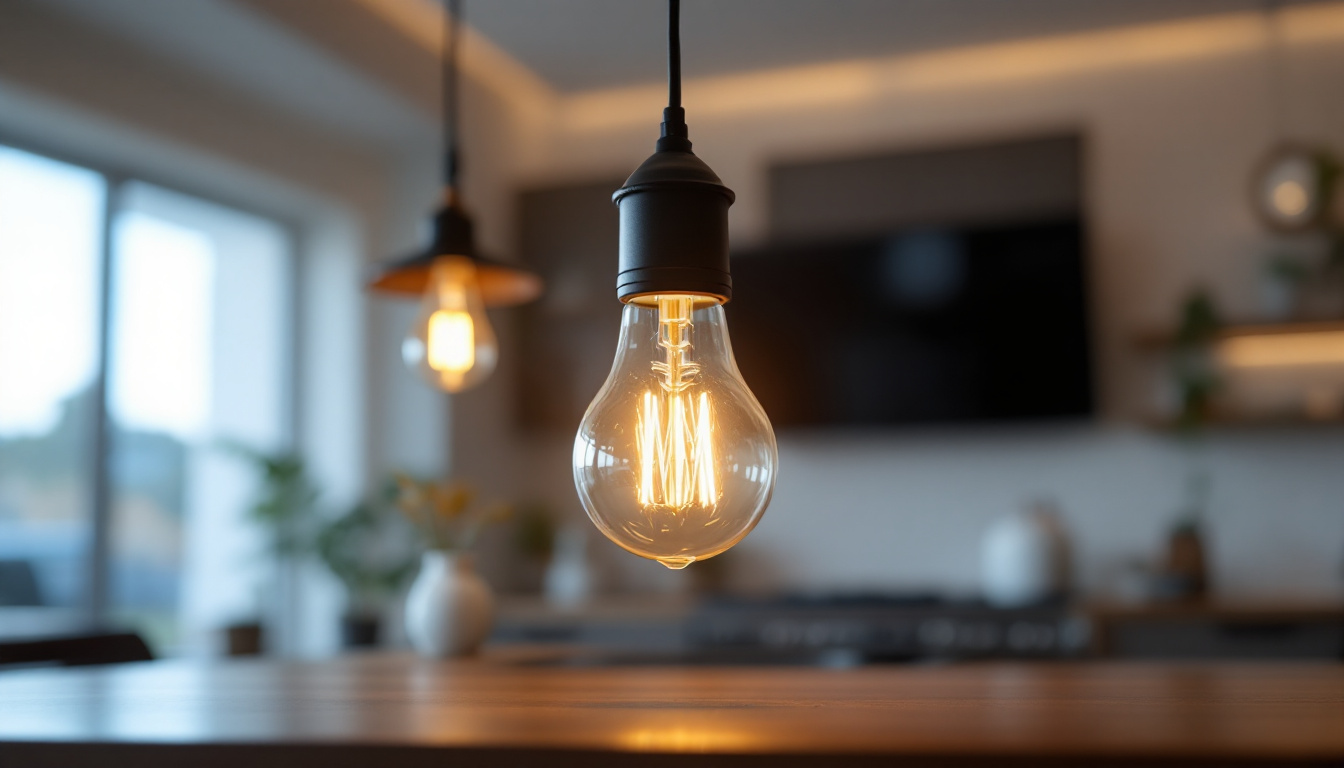 A photograph of a type a light bulb illuminated in a modern setting
