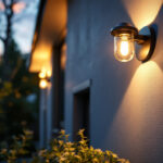 A photograph of a lighting contractor installing stylish exterior lamps on a residential property