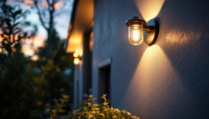 A photograph of a lighting contractor installing stylish exterior lamps on a residential property