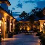 A photograph of a beautifully illuminated exterior space featuring stylish ceiling mount lights