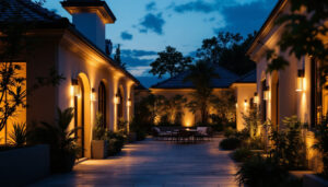 A photograph of a beautifully illuminated exterior space featuring stylish ceiling mount lights