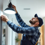 A photograph of a lighting contractor expertly installing swi lighting fixtures in a modern interior space