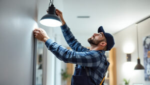 A photograph of a lighting contractor expertly installing swi lighting fixtures in a modern interior space