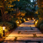 A photograph of a lighting contractor installing path lights in a beautifully landscaped garden at dusk
