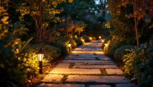 A photograph of a lighting contractor installing path lights in a beautifully landscaped garden at dusk