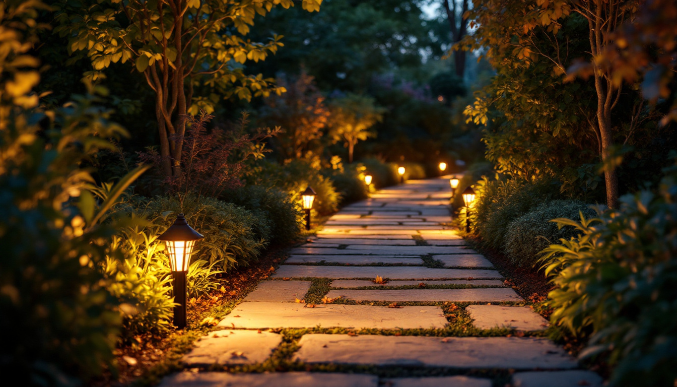 A photograph of a lighting contractor installing path lights in a beautifully landscaped garden at dusk