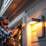 A photograph of a skilled lighting contractor installing an elegant exterior flush mount light on a stylish home facade during the golden hour