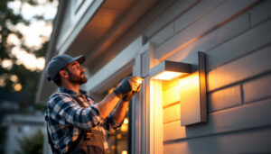 A photograph of a skilled lighting contractor installing an elegant exterior flush mount light on a stylish home facade during the golden hour