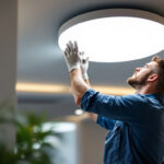 A photograph of a skilled lighting contractor installing led ceiling lights in a modern interior space