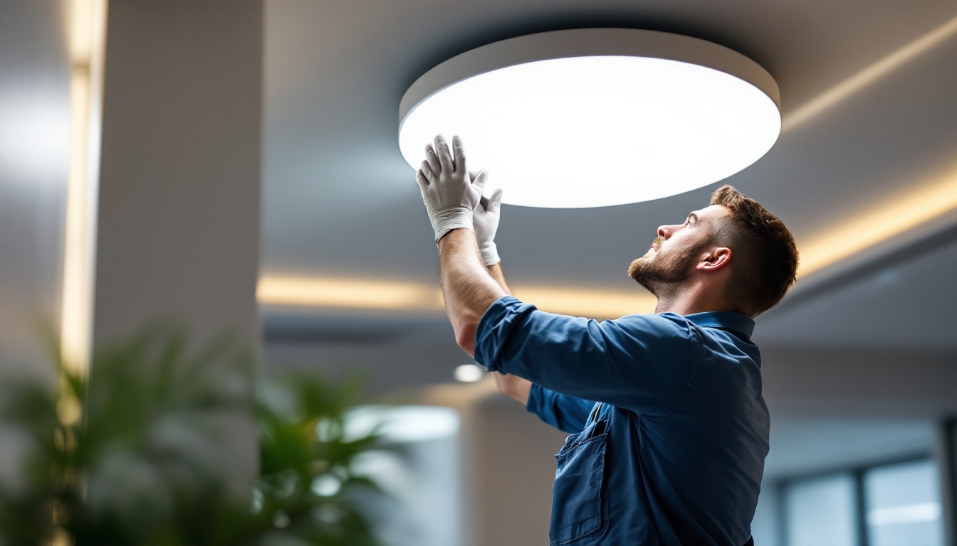 A photograph of a skilled lighting contractor installing led ceiling lights in a modern interior space