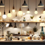 A photograph of a well-organized display of various discount lamps in a bright