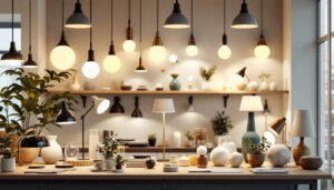 A photograph of a well-organized display of various discount lamps in a bright