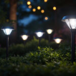 A photograph of a beautifully illuminated outdoor space featuring various solar lights in use at night