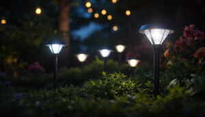 A photograph of a beautifully illuminated outdoor space featuring various solar lights in use at night