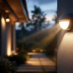 A photograph of a well-lit outdoor space featuring a motion detector light in action