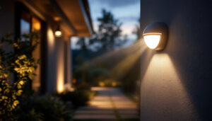 A photograph of a well-lit outdoor space featuring a motion detector light in action