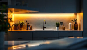 A photograph of a well-lit kitchen featuring stylish under cabinet led lighting