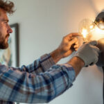 A photograph of a lighting contractor skillfully installing a stylish plug-in sconce light fixture on a wall