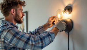 A photograph of a lighting contractor skillfully installing a stylish plug-in sconce light fixture on a wall