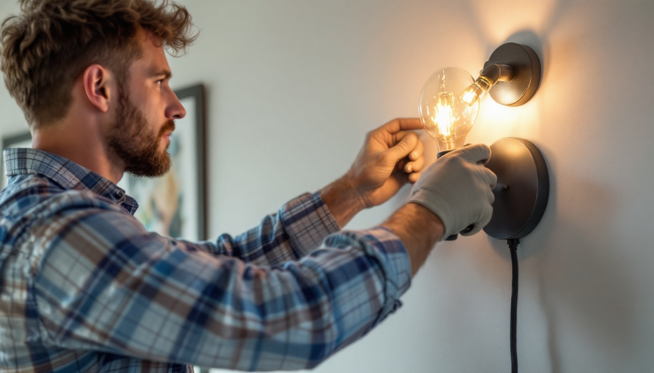A photograph of a lighting contractor skillfully installing a stylish plug-in sconce light fixture on a wall