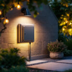 A photograph of a well-lit outdoor electric box integrated into a beautifully landscaped garden