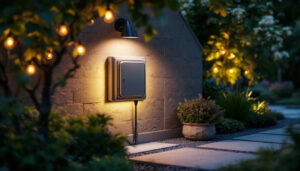 A photograph of a well-lit outdoor electric box integrated into a beautifully landscaped garden