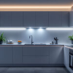 A photograph of a sleek kitchen with under cabinet led strip lighting illuminating the countertops