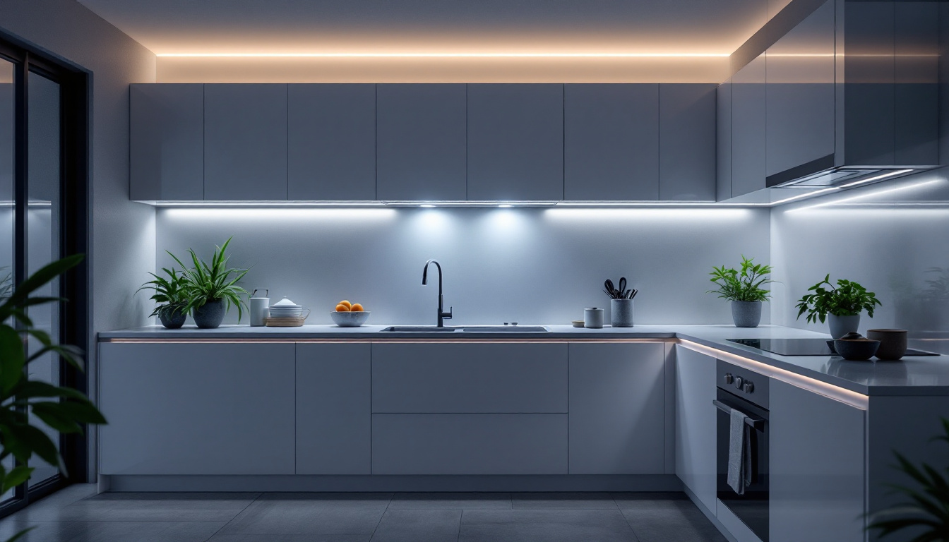 A photograph of a sleek kitchen with under cabinet led strip lighting illuminating the countertops