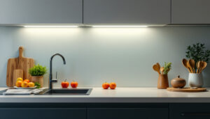 A photograph of a well-lit kitchen showcasing stylish under cabinet led lights illuminating the countertop