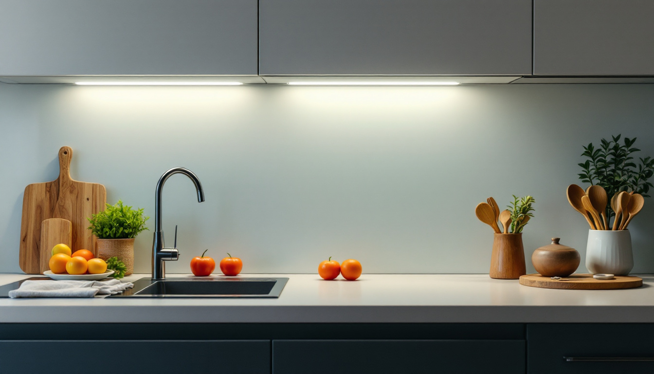 A photograph of a well-lit kitchen showcasing stylish under cabinet led lights illuminating the countertop