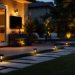 A photograph of a beautifully illuminated patio featuring solar lights in various styles and placements