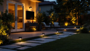 A photograph of a beautifully illuminated patio featuring solar lights in various styles and placements