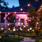 A photograph of a beautifully lit outdoor space featuring a variety of solar yard lights in use