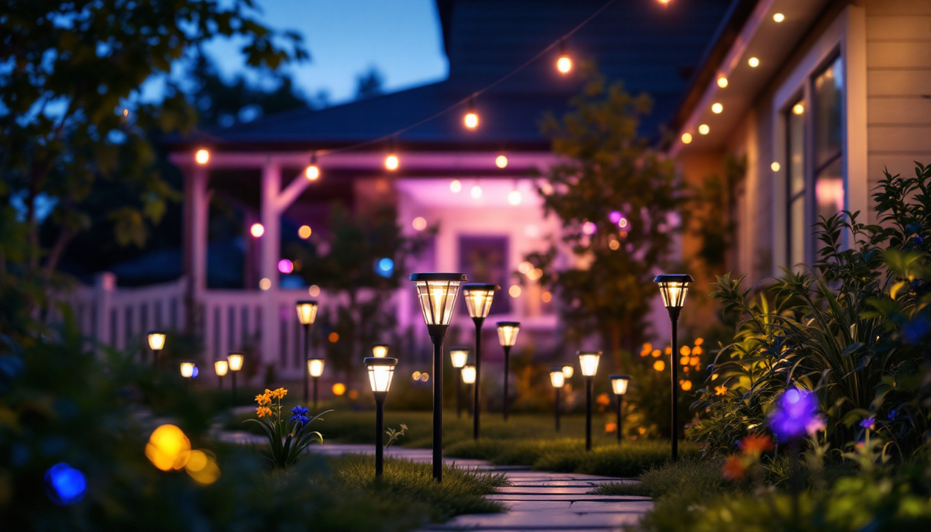A photograph of a beautifully lit outdoor space featuring a variety of solar yard lights in use