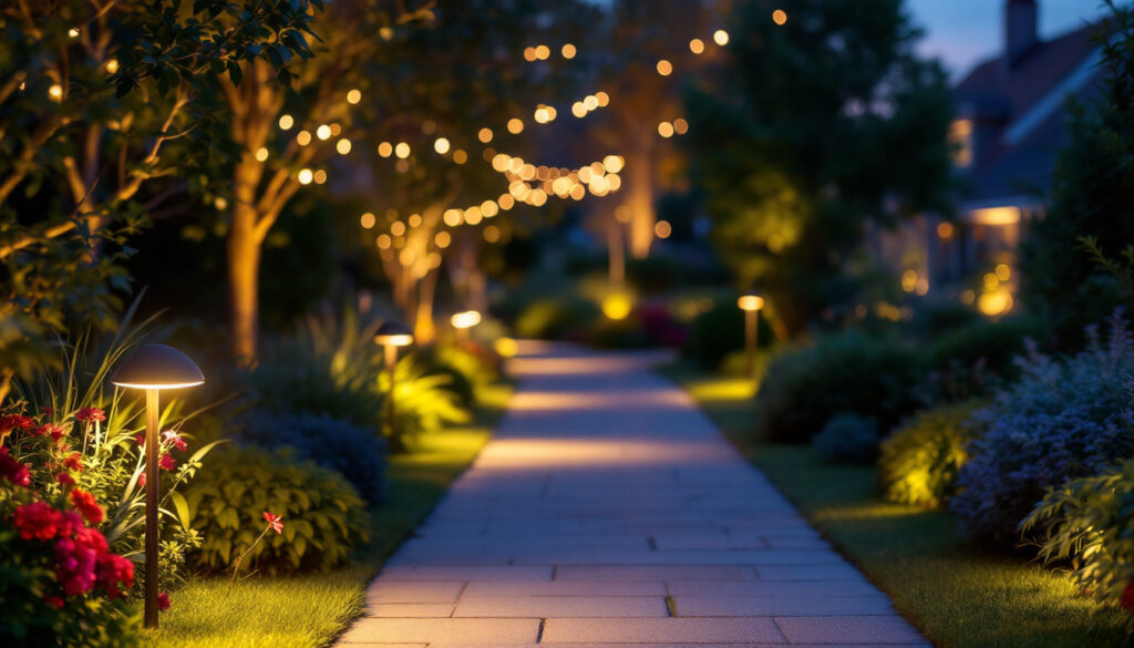 A photograph of a beautifully lit outdoor scene at dusk