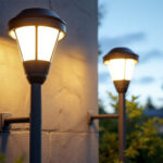 A photograph of capture a photograph of two solar-powered sign lights installed in a well-lit outdoor setting