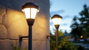 A photograph of capture a photograph of two solar-powered sign lights installed in a well-lit outdoor setting