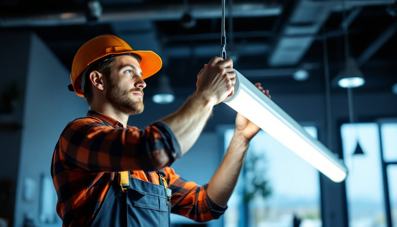 A photograph of a person safely replacing a fluorescent tube light bulb in a modern workspace