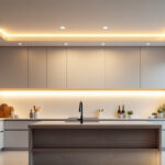 A photograph of a modern kitchen featuring an energy-efficient ceiling light