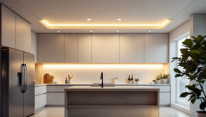 A photograph of a modern kitchen featuring an energy-efficient ceiling light