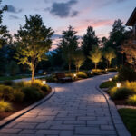 A photograph of a beautifully illuminated pathway at dusk