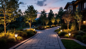 A photograph of a beautifully illuminated pathway at dusk