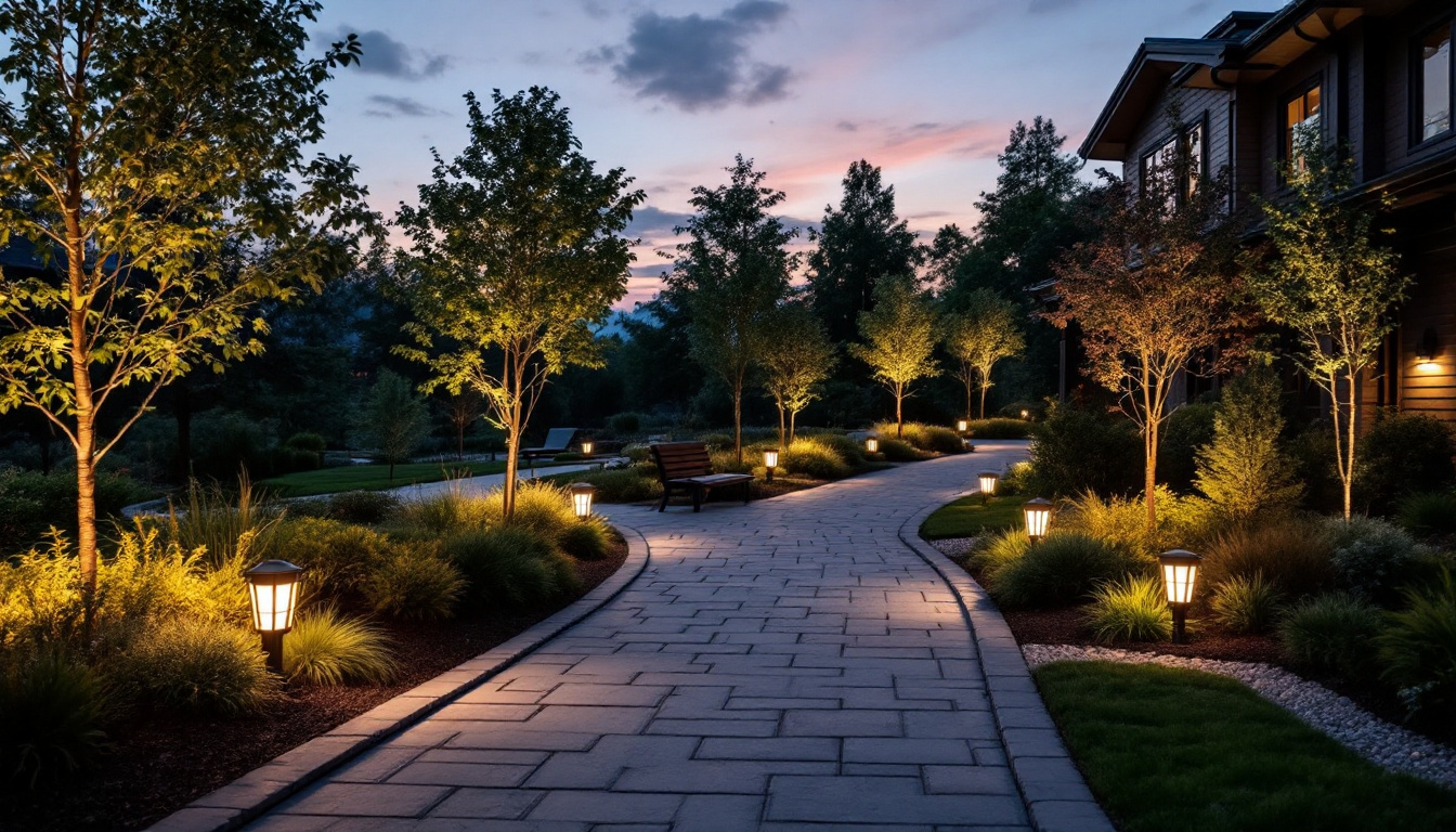 A photograph of a beautifully illuminated pathway at dusk