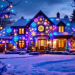 A photograph of a festive outdoor scene featuring a beautifully illuminated house adorned with colorful christmas projection lights