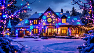 A photograph of a festive outdoor scene featuring a beautifully illuminated house adorned with colorful christmas projection lights