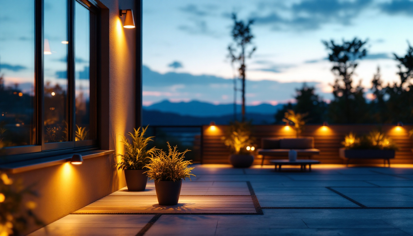 A photograph of a well-lit outdoor space featuring stylish pot lights installed in various settings