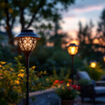 A photograph of a beautifully arranged outdoor setting featuring various decorative solar lights illuminating a garden or patio space during twilight