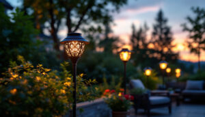 A photograph of a beautifully arranged outdoor setting featuring various decorative solar lights illuminating a garden or patio space during twilight